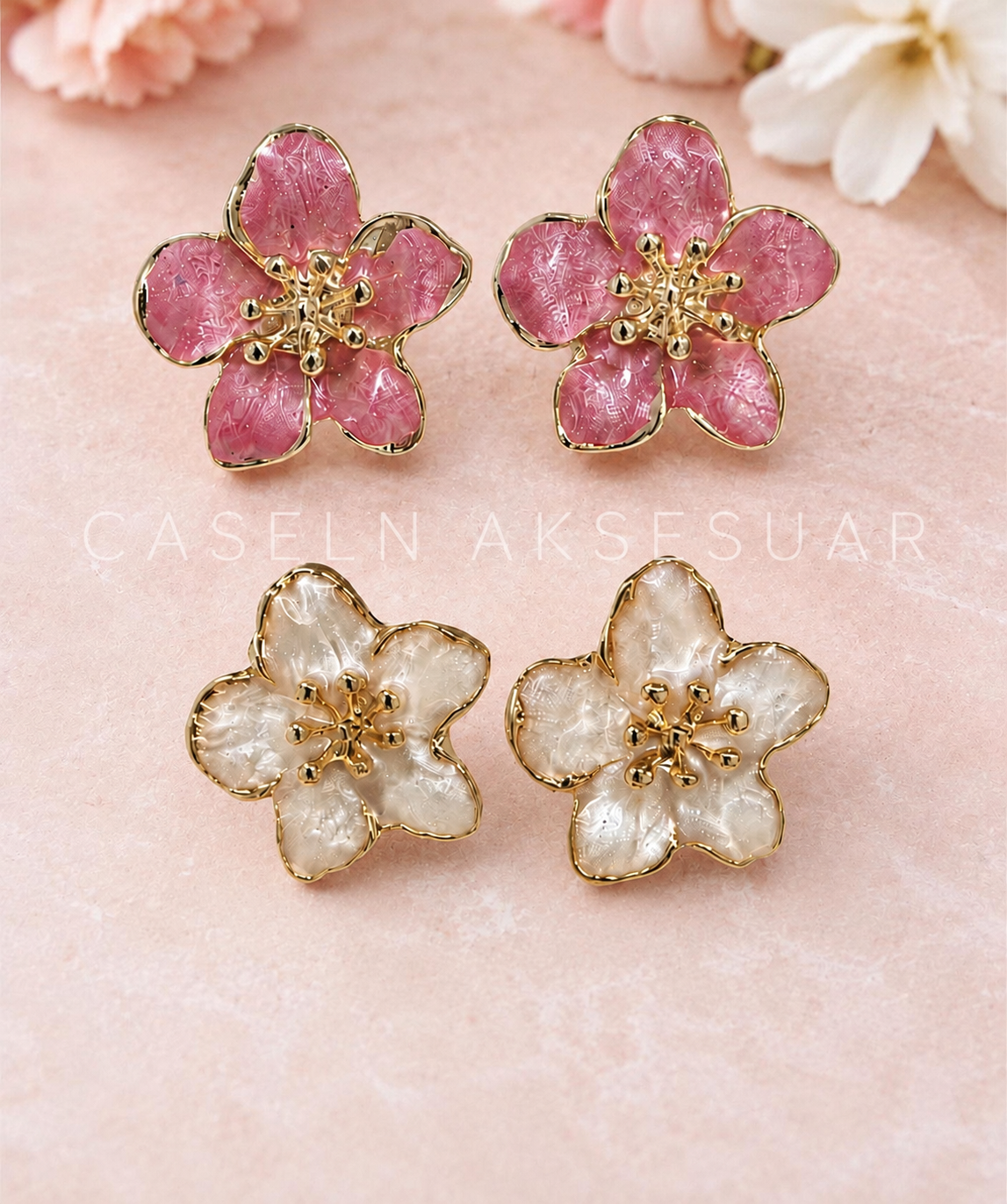 2'li Set Flower Çelik Pembe & Krem Küpe
