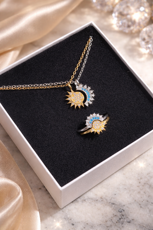 Ay Ve Güneş Kolye Ve Yüzük Set Takım - Sevgili Ve Arkadaşlık Kolyesi